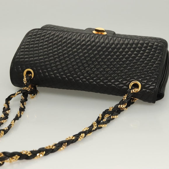 BALLY Chain Shoulder Bag Leather Black Gold Auth kk524