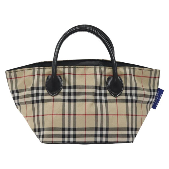 BURBERRY Nova Check Blue Label Hand Bag Nylon Beige Silver Auth kk530