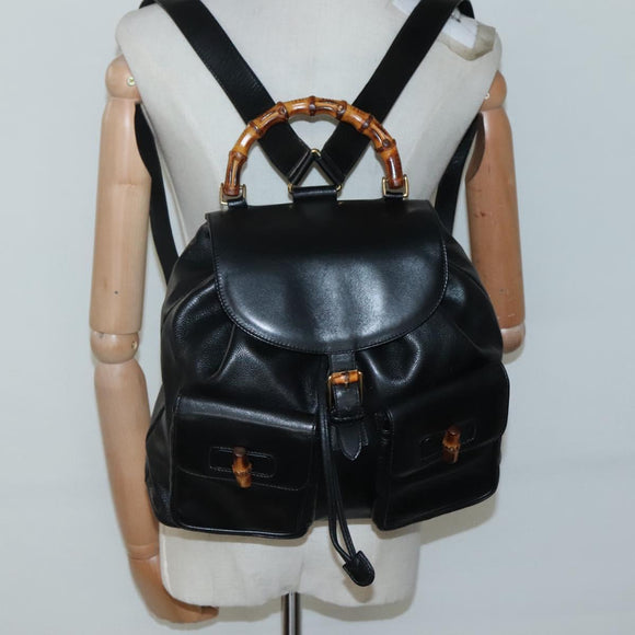 GUCCI Bamboo Backpack Leather Black Gold 003 2058 0030 Auth kk534