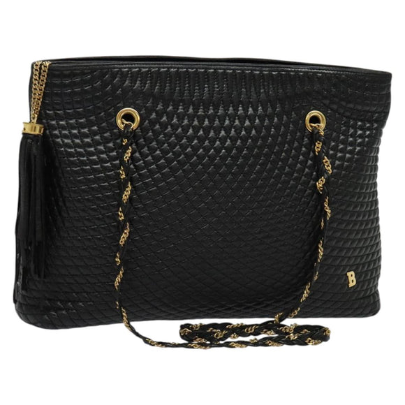 BALLY Chain Shoulder Bag Leather Black Gold Auth kk542