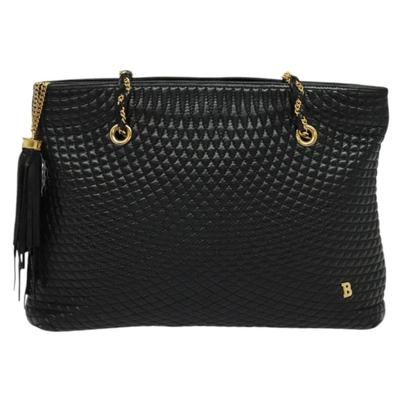 BALLY Chain Shoulder Bag Leather Black Gold Auth kk542