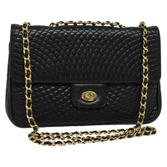 BALLY Chain Shoulder Bag Leather Black Gold Auth kk543