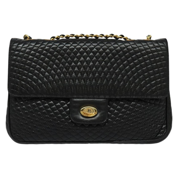 BALLY Chain Shoulder Bag Leather Black Gold Auth kk543