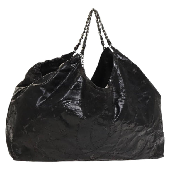 CHANEL Chain Shoulder Bag Coated Canvas Silver Black CC Auth kk553