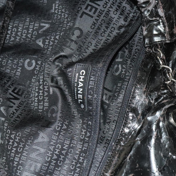 CHANEL Chain Shoulder Bag Coated Canvas Silver Black CC Auth kk553