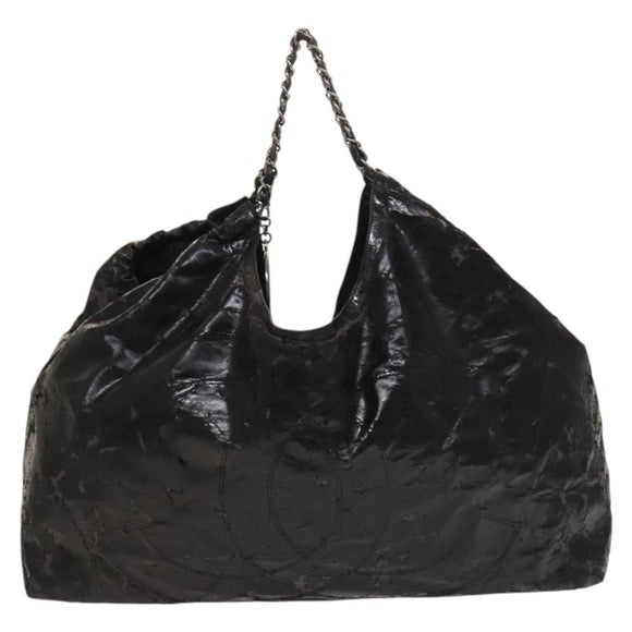 CHANEL Chain Shoulder Bag Coated Canvas Silver Black CC Auth kk553