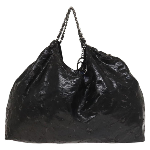 CHANEL Chain Shoulder Bag Coated Canvas Silver Black CC Auth kk553