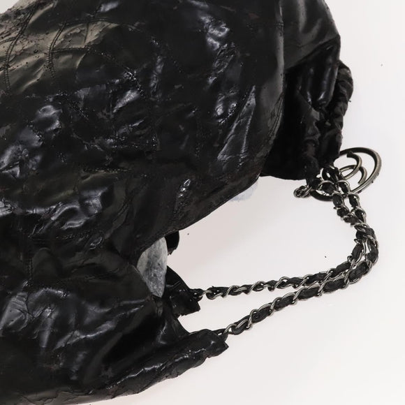 CHANEL Chain Shoulder Bag Coated Canvas Silver Black CC Auth kk553