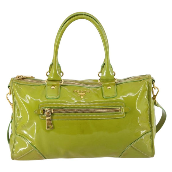 PRADA Hand Bag Enamel 2way Green Gold Auth kk555