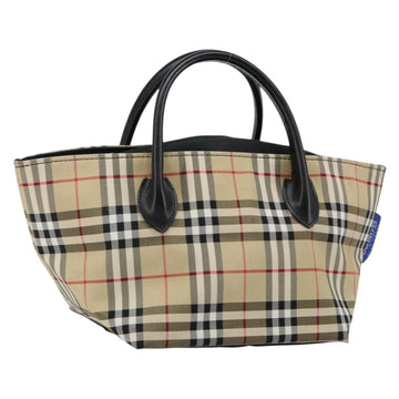 Burberrys Nova Check Blue Label Hand Bag Nylon Beige Silver Auth kk557