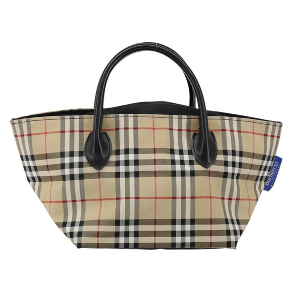 Burberrys Nova Check Blue Label Hand Bag Nylon Beige Silver Auth kk557