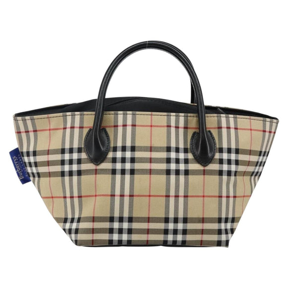 Burberrys Nova Check Blue Label Hand Bag Nylon Beige Silver Auth kk557