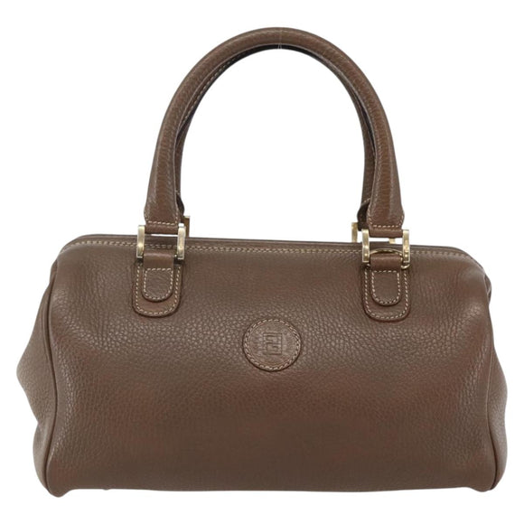 FENDI Hand Bag Leather Brown Gold Auth kk558