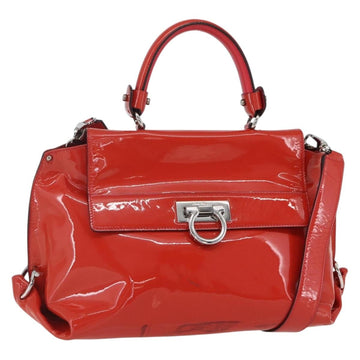 Salvatore Ferragamo Gancini Hand Bag Enamel 2way Red Silver Auth kk576