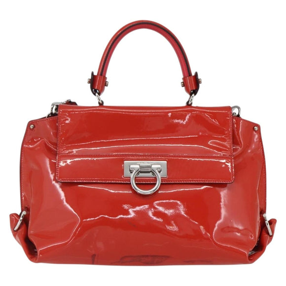 Salvatore Ferragamo Gancini Hand Bag Enamel 2way Red Silver Auth kk576
