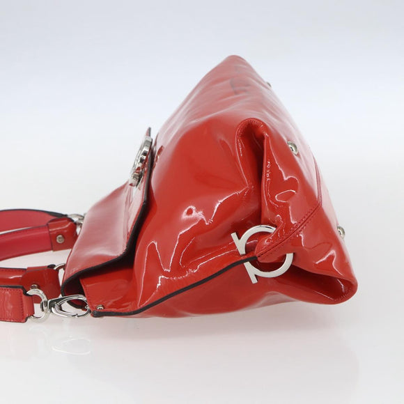 Salvatore Ferragamo Gancini Hand Bag Enamel 2way Red Silver Auth kk576