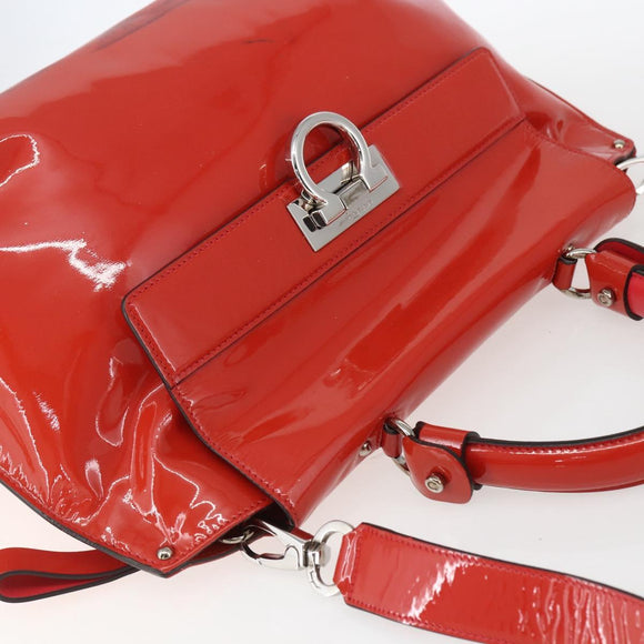 Salvatore Ferragamo Gancini Hand Bag Enamel 2way Red Silver Auth kk576
