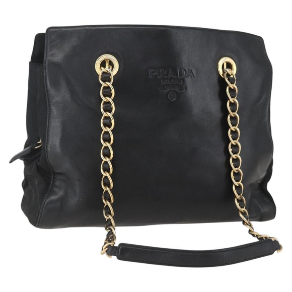 PRADA Chain Tote Bag Leer Zwart Goud Auth kk585