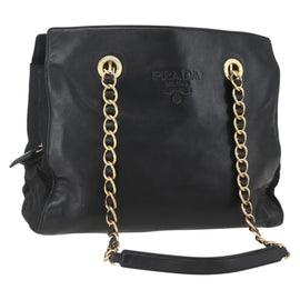 PRADA Chain Tote Bag Leather Black Gold Auth kk585