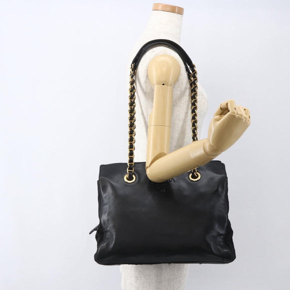 PRADA Chain Tote Bag Leather Black Gold Auth kk585