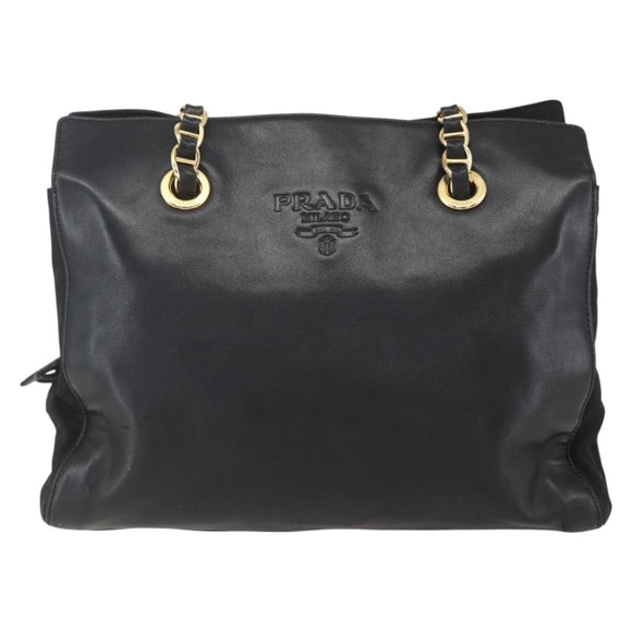 PRADA Chain Tote Bag Leather Black Gold Auth kk585