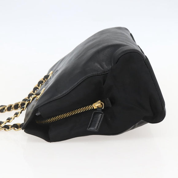 PRADA Chain Tote Bag Leer Zwart Goud Auth kk585