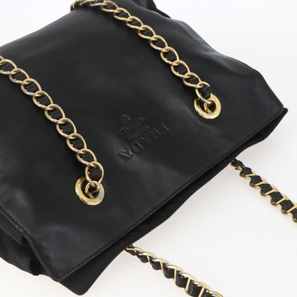 PRADA Chain Tote Bag Leer Zwart Goud Auth kk585