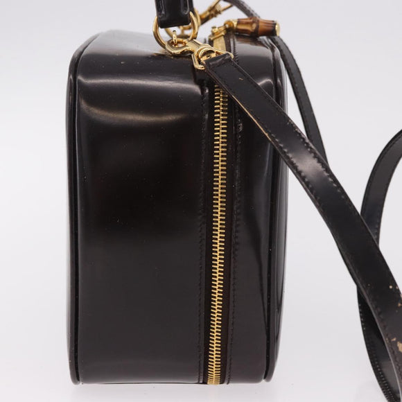 GUCCI Bamboo Vanity Hand Bag Patent 2way Black Gold 000 3270 0323 Auth kk600