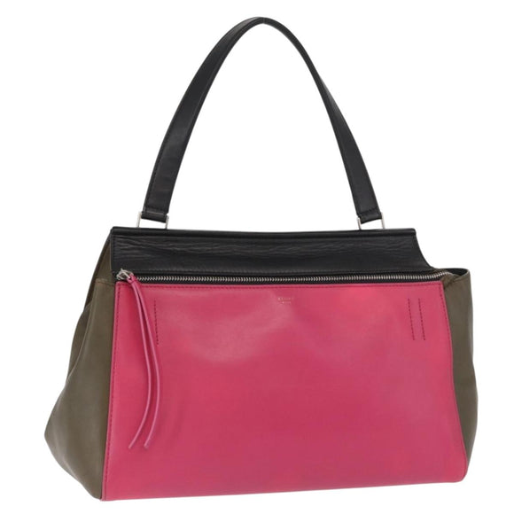 CELINE Edge Small Hand Bag Leather Pink Black khaki Auth kk608