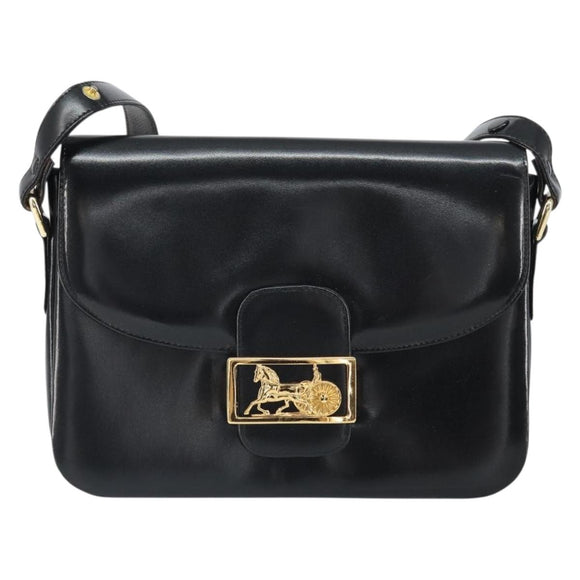 CELINE Horse Carriage Shoulder Bag Leather Black Gold Auth kk609