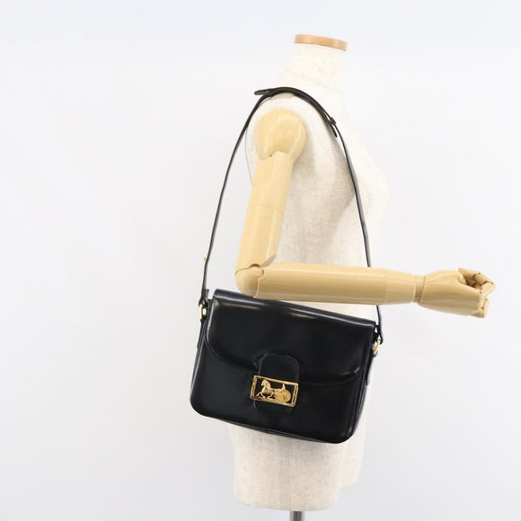 CELINE Horse Carriage Shoulder Bag Leather Black Gold Auth kk609