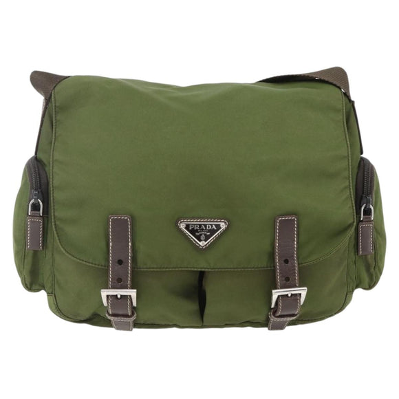 PRADA Shoulder Bag Nylon Silver Khaki Auth kk616