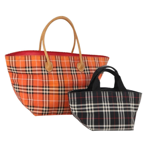 BURBERRY Nova Check Blue Label Hand Bag Nylon 2 Set Black Red Auth kk626