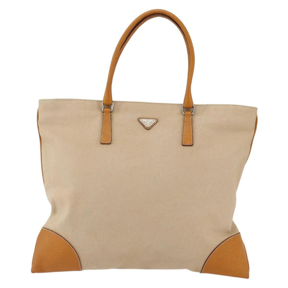 PRADA Hand Bag Canvas Beige Silver Auth kk627