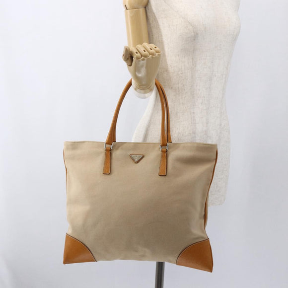 PRADA Hand Bag Canvas Beige Silver Auth kk627