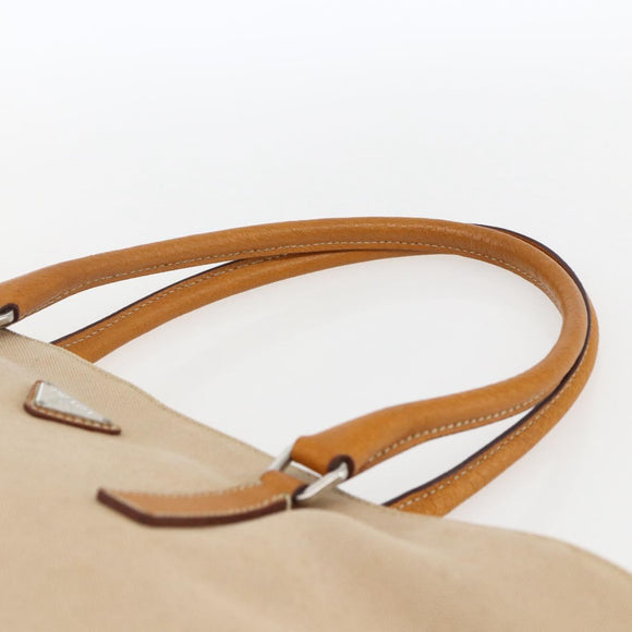 PRADA Hand Bag Canvas Beige Silver Auth kk627