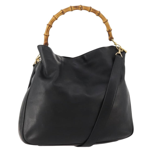 GUCCI Bamboo Shoulder Bag Leather 2way Black Gold Auth kk638