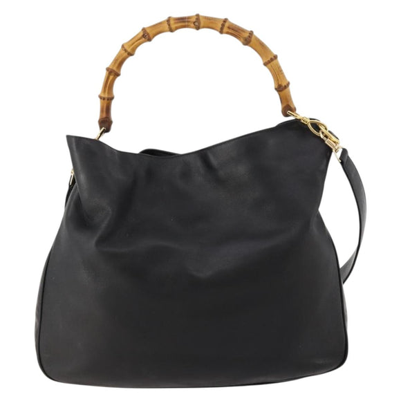 GUCCI Bamboo Shoulder Bag Leather 2way Black Gold Auth kk638