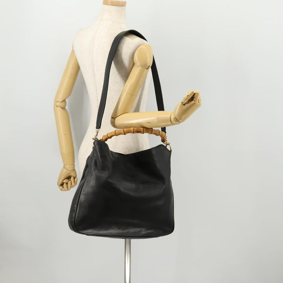 GUCCI Bamboo Shoulder Bag Leather 2way Black Gold Auth kk638