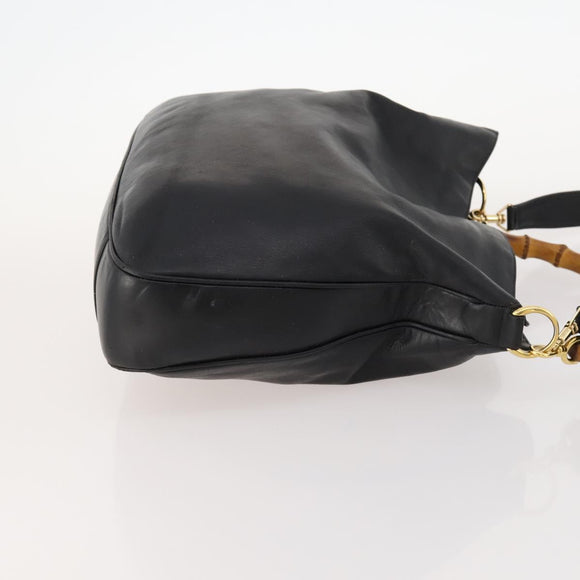 GUCCI Bamboo Shoulder Bag Leather 2way Black Gold Auth kk638