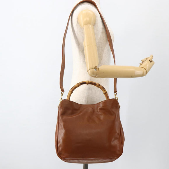 GUCCI Bamboo Shoulder Bag Leather 2way Brown Gold 001 0166 1638 Auth kk652