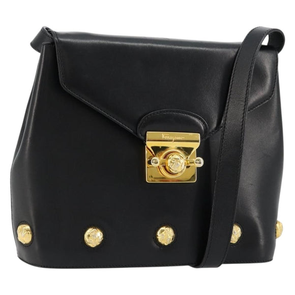 Salvatore Ferragamo Shoulder Bag Leather Black Gold Auth kk677