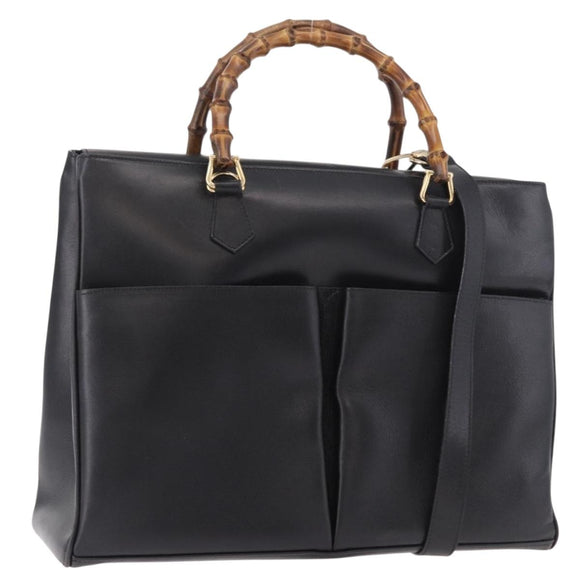 GUCCI Bamboo Hand Bag Leather 2way Black Gold 002 2855 0322 0 Auth kk684