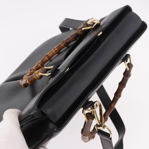 GUCCI Bamboo Hand Bag Leather 2way Black Gold 002 2855 0322 0 Auth kk684