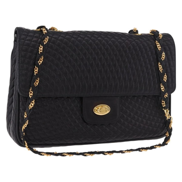 BALLY Chain Shoulder Bag Leather Black Gold Auth kk687A