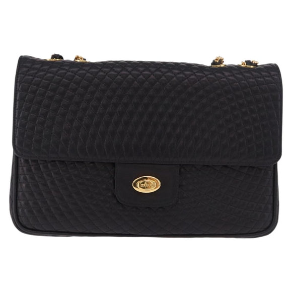 BALLY Chain Shoulder Bag Leather Black Gold Auth kk687A