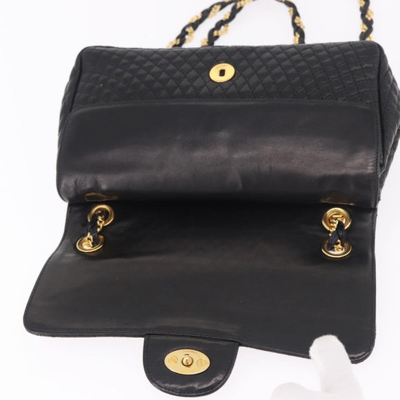 BALLY Chain Shoulder Bag Leather Black Gold Auth kk688A