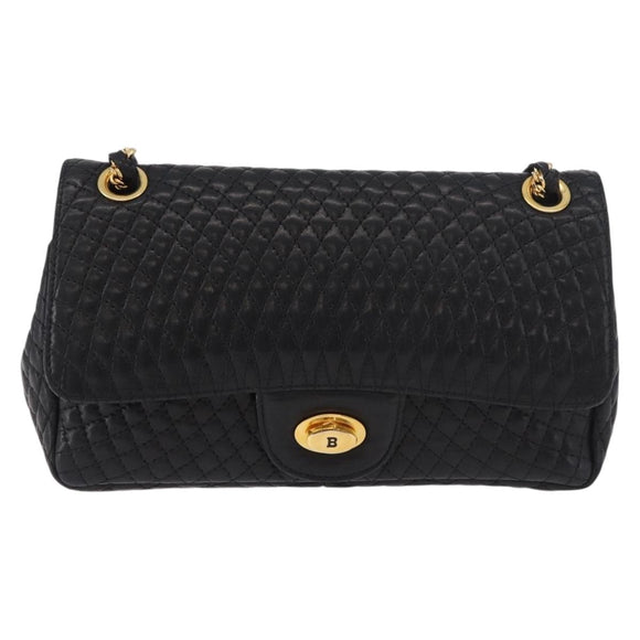 BALLY Chain Shoulder Bag Leather Black Gold Auth kk688A