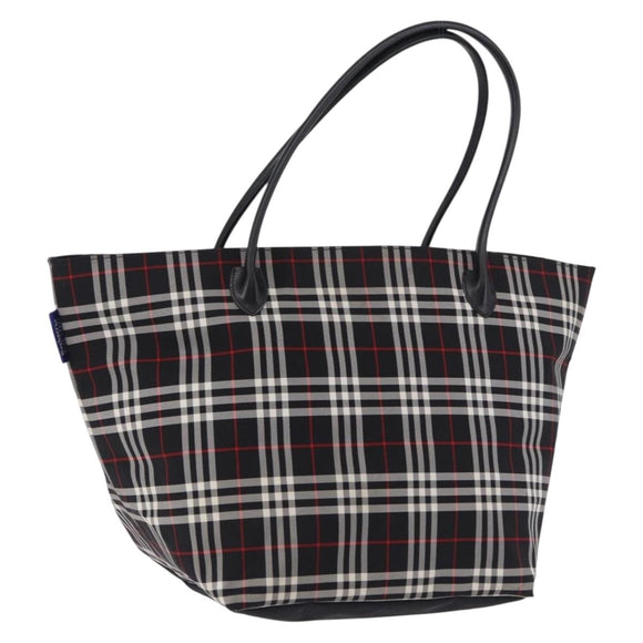 Burberrys Nova Check Blue Label Tote Bag Nylon Black Silver Auth kk690A