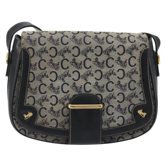 CELINE C Sulky Shoulder Bag Canvas Navy Gold Auth kk693